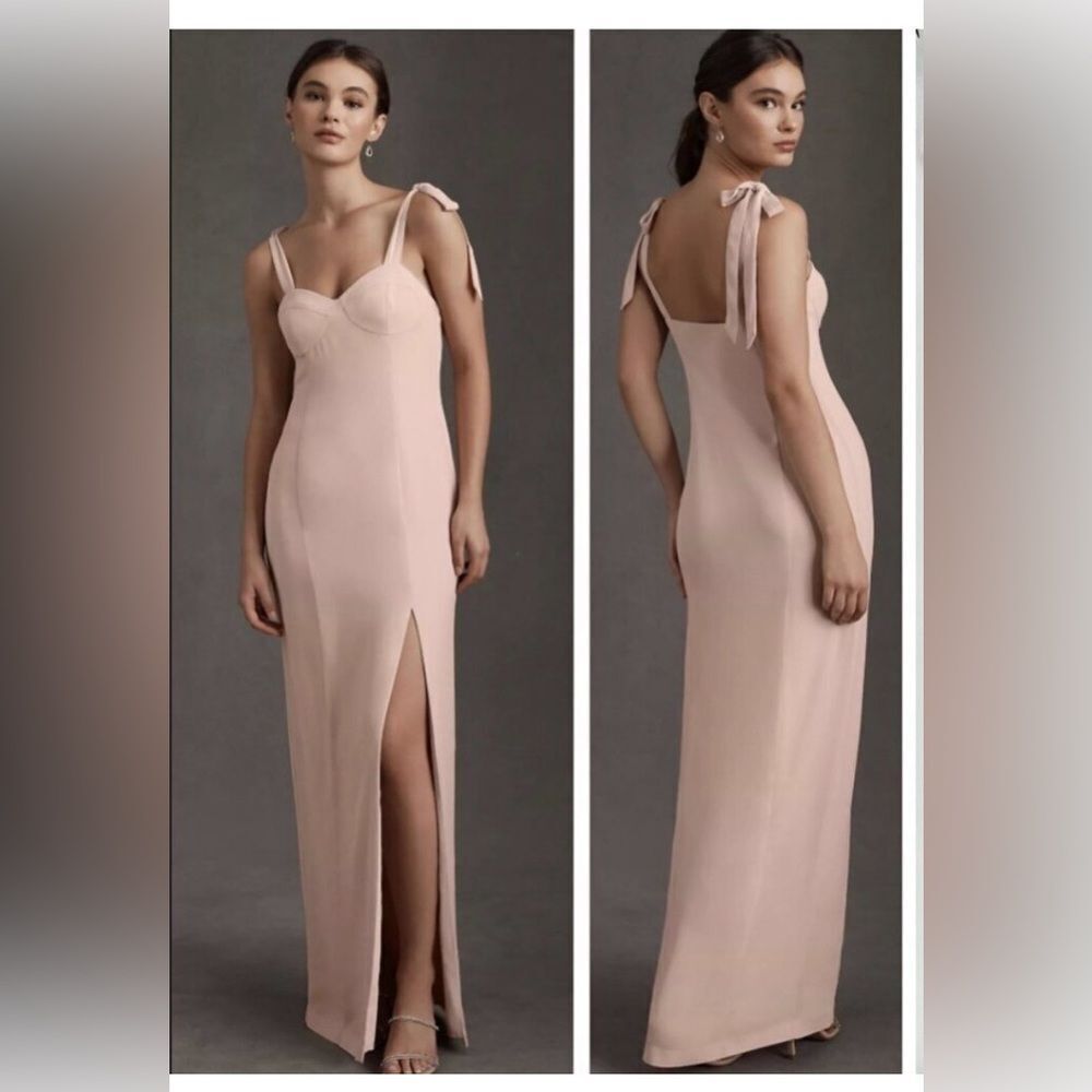 BHLDN Antonia Georgette Blush Pink Bustier Maxi Gown w/ Tie Strap & Slit Sz 10